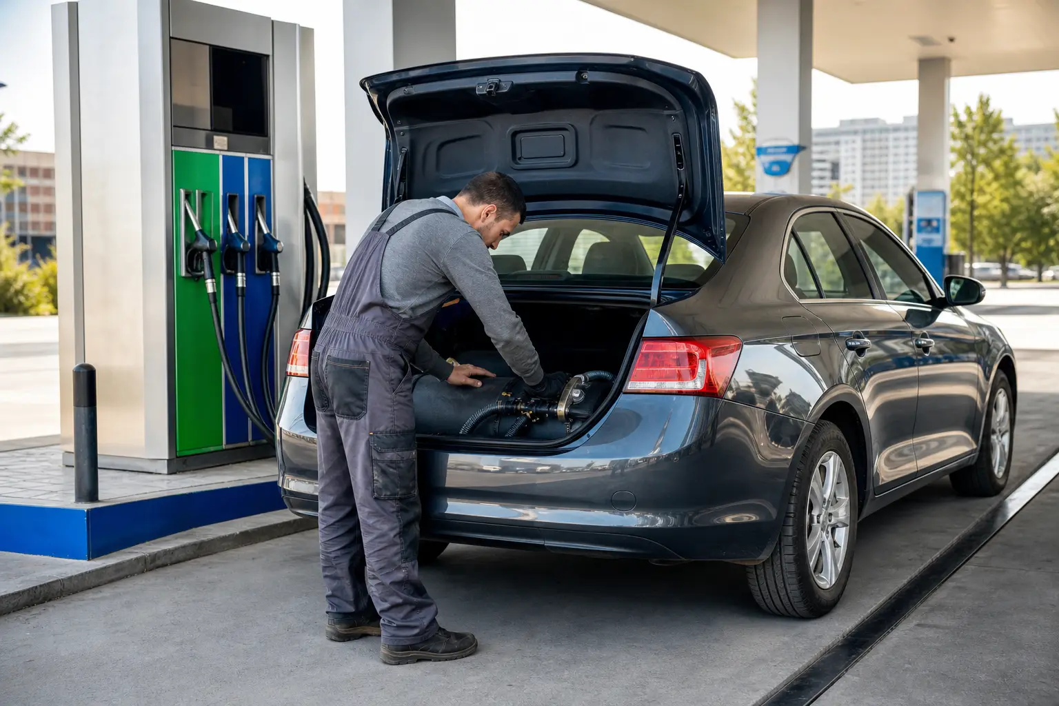 Автомобіль на заправці з помітними LPG і CNG колонками — чи варто встановлювати ГБО